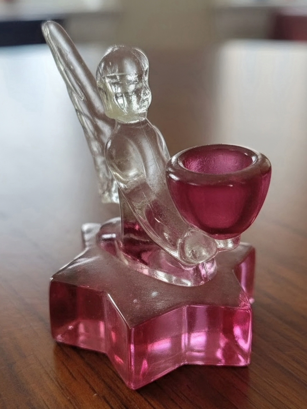 Antique L.E. Smith Glass Flash Coated Cranberry Angel Taper Holder